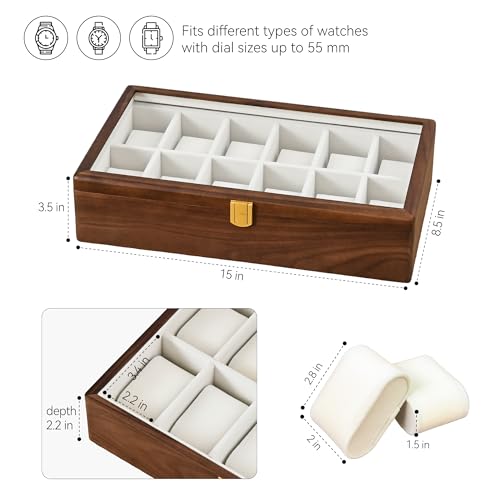Image of Solid Black Walnut Watch Box, 12 Slot Wooden Watch Organizer with Glass Lid, High-End Watch Display Case Jewelry Storage Box, Gift for Husband, Dad, Birthday, Anniversary, Father's Day, Men and Women