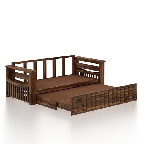 Image of Ganpati Arts Solid Sheesham Wood Diamond 3 Seater Sofa Cum Bed with Storage and Side Pockets for Living Room Hall Bedroom (Teak Finish)