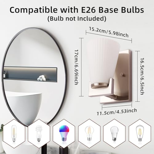 Image of 1-Light Bathroom Vanity Light, Brushed Nickel Wall Sconce with Ribbed White Glass Shade for Mirror, Bathroom, Bedroom, Living Room, Modern Style Wall Light, 1 Pack, E26 Base (Bulbs Not Included)