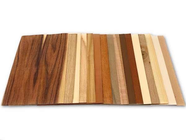 17 Blatt Echtholz Furnierblätter – Holzfurnier zum Basteln, Modellbau & Intarsien – Verschiedene Holzarten – Dünne Naturholzplatten – DIY Bastelset (ca. 300x150 mm)