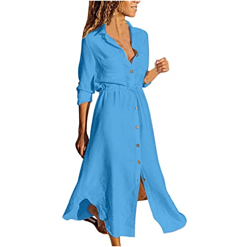 Baumwolle Leinen Sommerkleid Damen Einfarbig Vintage Blusenkleid Revers Hemdkleid Langarm Maxikleid Strandkleid Leinenkleid mit Kordelzug Einreihiges...