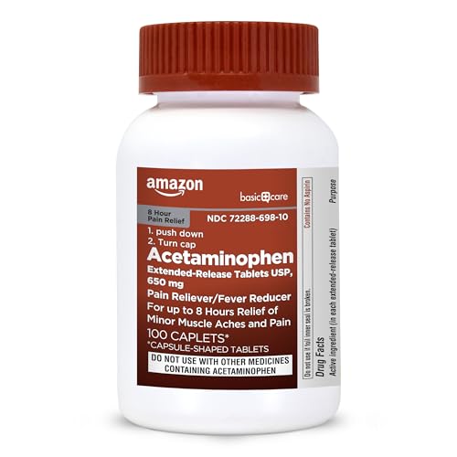 Image of Amazon Basic Care Acetaminophen Extended-Release Tablets, 650 mg, Pain Reliever, Fever Reducer, 8 Hour Relief, 100 Count