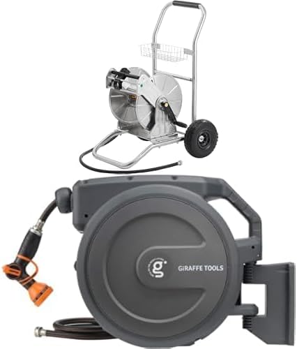 Giraffe Tools Stainless Steel Heavy Duty Water Hose Reel Cart with Wheels, 200 ft of 1/2 Capacity+Giraffe Tools AW30 Garden Hose Reel Retractable 1/2" x 100 ft Wall Mounted,Dark Grey