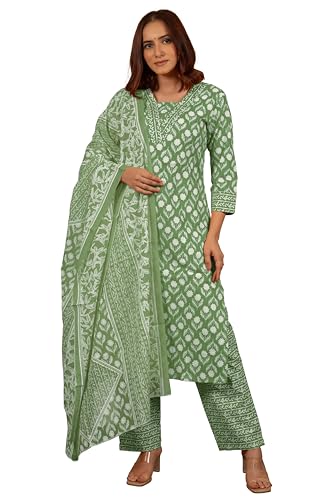 Image of MIRCHI FASHION Pure Cotton Women Straight Print & Thread Embroidery Kurti Set with Dupatta & Pant