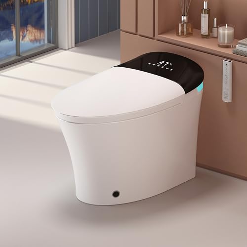 Image of WinZo Smart Toilet With Bidet, ADAOne-Piece Elongated, Auto Open /Close & Flush, Heated Seat, Front & Rear Wash, LED Display, Night Light, 12-inch Rough-in, White, Ceramic (Black)