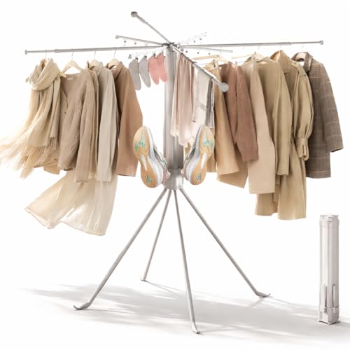 CHAHUANV Étendoir à Linge sur Pied 4 Pieds, Pliable et Gain de Place, séchoir avec Pinces à Chaussettes et 4 Supports pour Chaussures, étendoir Robuste...