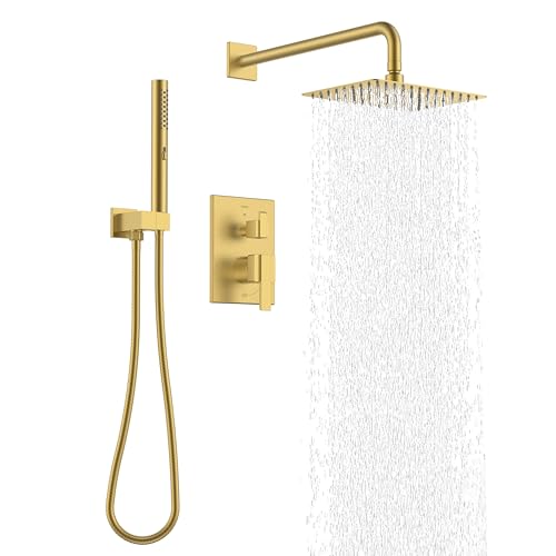 Image of KENES Brushed Gold Square Rainfall Shower System Faucet Set with Handheld