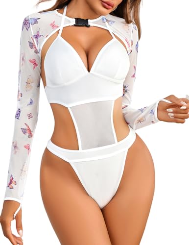 Image of Avidlove Rave Outfits for Women Festival Sexy Lingerie Bodysuit 2 Piece | Buckle shrug crop top halter bodysuit set, snap closure, breathable mesh, for concerts and club nights