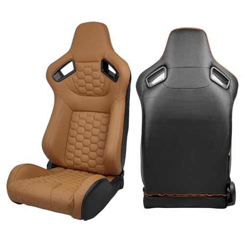 Image of IKON MOTORSPORTS, Universal Racing Seats with Dual Sliders, Reclinable Brown PU + Carbon Leather with Hexagonal Quilting Sport Bucket Seats, 1 Pair Driver + Passenger Side