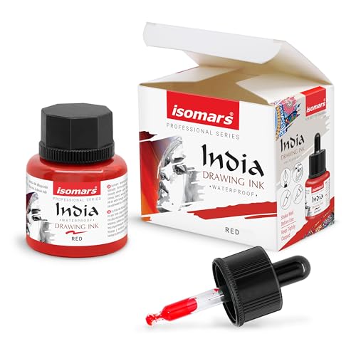 Image of Isomars Waterproof Drawing Ink with Dropper - 35ml | India Ink for Calligraphy, Art, Technical Drawing | Fade-Resistant & Quick-Drying (Red)