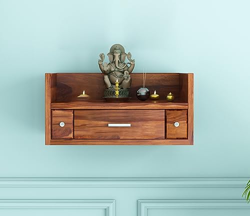 Image of Wudniture Sheesham Wood Ananta Handcrafted Home Mandir /Temple (Honey Finish) | Wooden Pooja Mandir for Home & Office