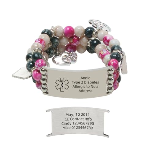 Personalized Medical Alert Bracelet for Women Custom Natural Stone Beads ID Bracelets Cute Pendant, Handmade Adjustable Elastic Wristband