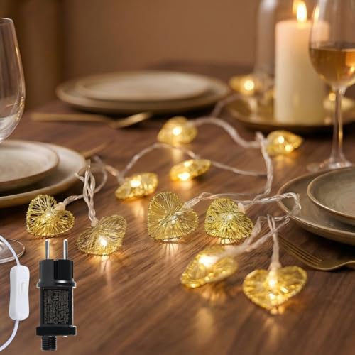 Guirlande lumineuse en forme de cœur - 6 m - 20 LED - Pour l'intérieur - Saint Valentin - Or - Pour fête, mariage, table, chambre, Saint-Valentin, Noël