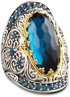 Oval Blue Cubic Zirconias Crystal Gemstone Sapphire Ring for Women Girls,Blue CZ Wide Chunky Full Finger Thumb Index Finger Rings,Big Large Retro Vintage Silver Cocktail Party Punk Biker Antique Statement Boho Ring Jewelry for Her (Ring_A, 9)