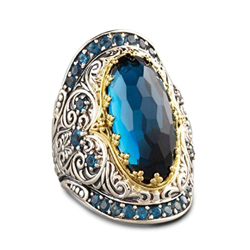 Oval Round Moonstone Cubic Zirconia Turquoise Cocktail Ring for Women,Retro Vintage Thick Silver Plated Wedding Engagement Gemstone Solitaire Ring for Women, silver, Moonstone