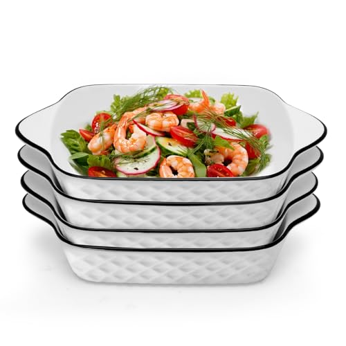 Lot de 4 mini plats à gratin carrés en céramique 1000 ml, 26,5 x 114,6 x 4,8 cm, avec poignées, pour friteuse à air chaud, four, four à micro-ondes (motif losanges)