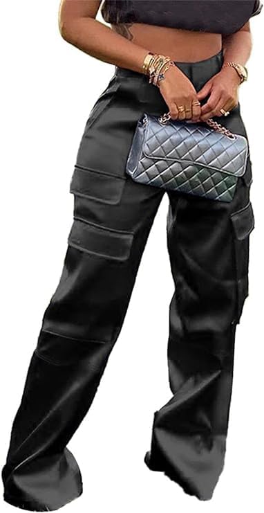 Satin Cargo Pants for Women High Waisted Multiple Pockets Wide Leg Trouser2