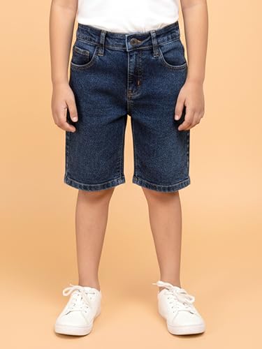 Image of KiddoPanti Boys Knee-Length Denim Shorts | Stretchable Cotton Poly Denim | Comfortable Fit with Button Elasticated Waistband & Zip Fly