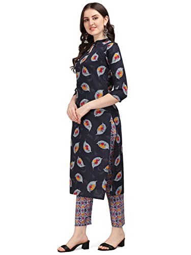 Image of NAINVISH Women's Cotton Blend Straight Keyhole Neck Printed Kurta with Pant