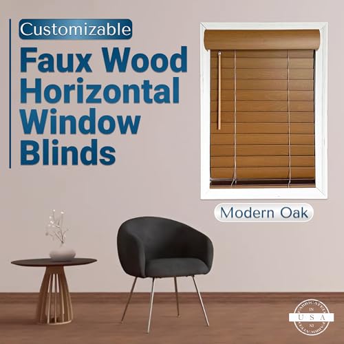TailorView, Customizable Faux Wood Horizontal Window Blinds, Cordless, 2 Inch Printed Wood Grain Slats, Color - Modern Oak, Outside or Inside Mount