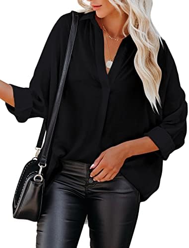 Mafulus Womens V Neck Chiffon Business Blouse Summer Long Sleeve Casual Oversized Top Shirts