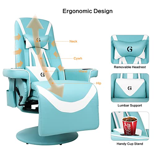 Queen Throne Video Gaming Chair Ergonomic Recliner Racing Chair, High Back Swivel Chair With Footrest And Adjustable Backrest, Lumbar Support, Headrest And Cupholders, Cyan White #TOP3