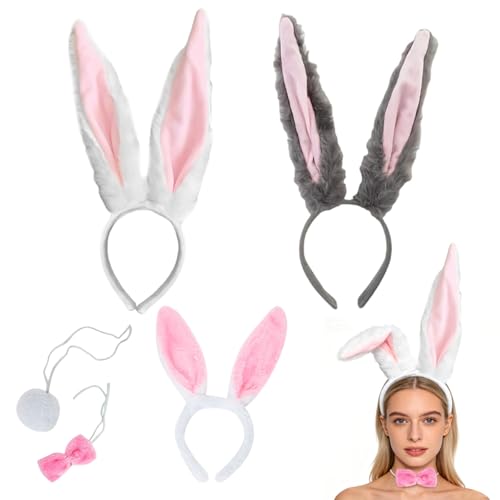Katyjun Hasenohren Haarreif - 3 Hasenohren Haarreif Ein Rosa Fliege Und Ein Hasenschwanz | Für Tierische Mottopartys Und Cosplay | Hasen Ohren Haarreif Ohren Als Komplettes Set Mit Vielfältigen
