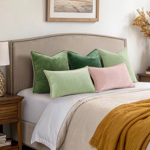 Image of decorUhome Fall Chenille Soft Cozy Throw Pillow Covers 22x22 Set of 2, Modern Farmhouse Boho Velvet Decorative Euro Sham Pillow Cases with Stitched Edge for Couch Sofa Bed Home Decor, Sage Green