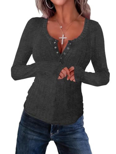 Image of APOFER Women Long Sleeve Tunics Ribbed Scoop Neck Tops Slim Henley Shirts