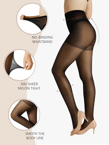 2 Pairs Backseam Sheer Tights For Women- 30D High Waist Control Top Pantyhose with Reinforced Toes2