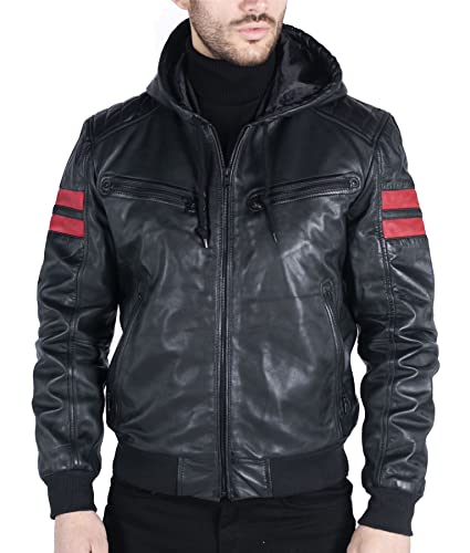 Veste pour Homme en Cuir véritable avec Capuche Style Bomber USA Rayures - Noir 3XL