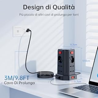 Ciabatta Elettrica Multipresa 3 metro con 12 Prese Universali 10/16A ITA e Schuko e 3 USB A+1 USB C protezione Sovratensione con 4 interruttori indipendenti, Nero