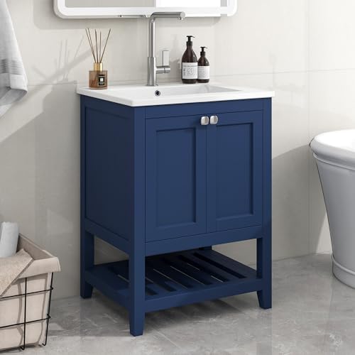 Generisch Mueble de baño individual con armario bajo 60 cm con lavabo de cerámica, color azul