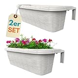 GarPet 2er Set Blumenkasten Balkongeländer Balkon Blumenkasten Balkonkasten mit Halterung Geländerkasten mit Wasserspeicher Rattan Optik Weiß 60 cm