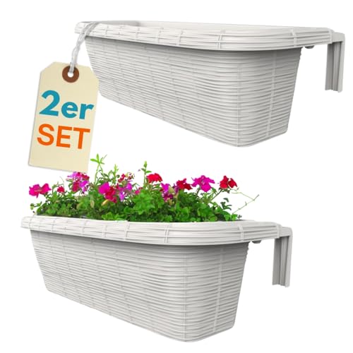 GarPet 2er Set Blumenkasten Balkongeländer Balkon Blumenkasten Balkonkasten mit Halterung Geländerkasten mit Wasserspeicher Rattan Optik Weiß 60 cm