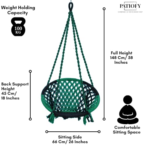Image of Patiofy Cotton Round Swing Chair for Adults and Kids /Swing for Home, Balcony /Jhula for Adults /Jhoola for Living Room /Suitable for Indoor & Outdoor /with Hanging Kit (Green-Black)
