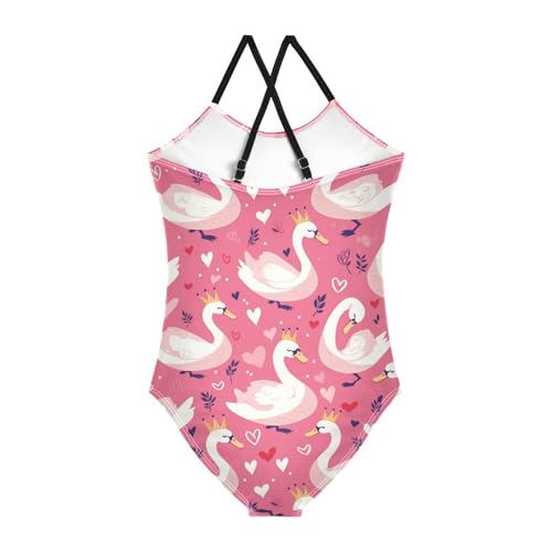 Cute Swans Crowns Girls One Piece Swimsuits Hearts Pink Sport Halter Swimwear Beach Bathing Suit 3T2