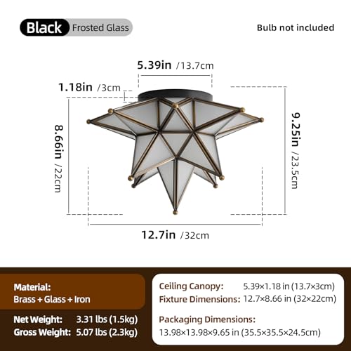 Image of Moravian Star Ceiling Light - 12.7 Inch Brass & Frosted Milk Glass, Black