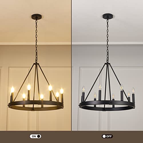 8-Light Farmhouse Wagon Wheel Chandelier, D24" Black Round Chandeliers For Dining Room, Modern Industrial Kitchen Island Pendant Light Fixtures For Foyer Living Room Entryway Bedroom, E12 Socket #TOP5