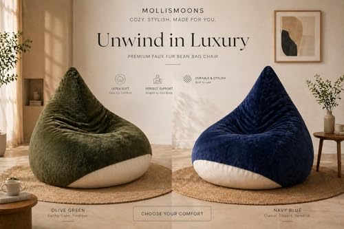 Image of Mollismoons Faux Fur Bean Bag Chair Cover for Adults & Kids | Luxury Lounger & Round Floor Sofa Seating | Modern Cozy Feel | No Beans Included (Oilve Green, Teardrop)