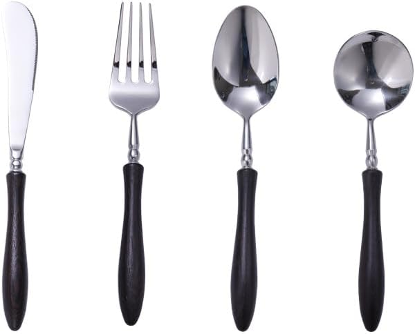 シルバーウェア フラットウェア カトラリーセット 4/16/24/32/40/48個 レトロ ブラック 木製ハンドル ステンレススチ