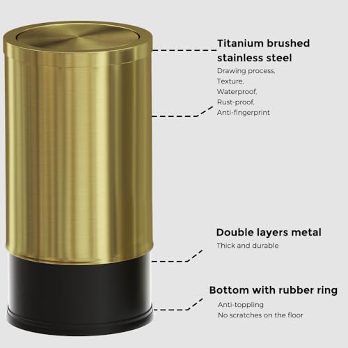 Image of 9 Liter /2.4 Gallon, Gold Trash can with Swing lid, Brass Small Trash can, Gold Trash Bin with Lid for Office, Living Room,Bathroom,Restaurant Bathroom