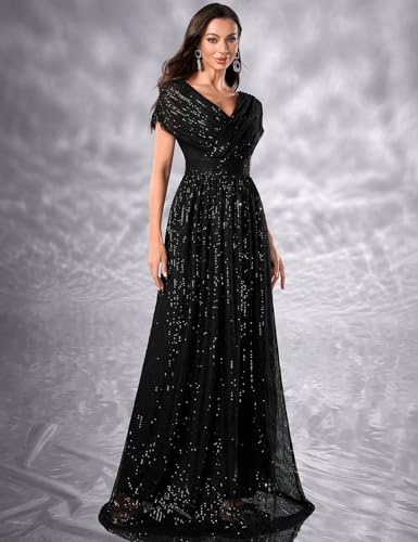 Image of Women's Sequin V-Neck Short Sleeve A-Line Evening Dress Elegant Evening Dresses Party Gowns