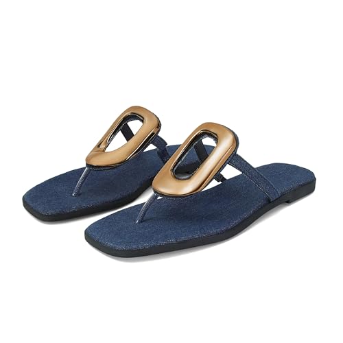 Image of Wnshonzy Flip-Flops for Women Thong Sandals Flat Slip on Slides Beach Comfort Open Square Toe Ladies Slipper Dressy Metal Hardware Decoration Summer Shoes Casual Fashion
