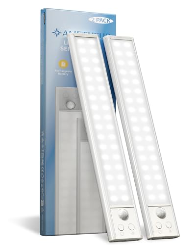 10inch Under Cabinet Lights, Motion Sensor Light Indoor, Wireless Closet Lights, 1800mAh Rechargeable Battery, Magnetic, 5 Levels Dimmable, Under Counter Lights for Kitchen, Bathroom (2 Pack)