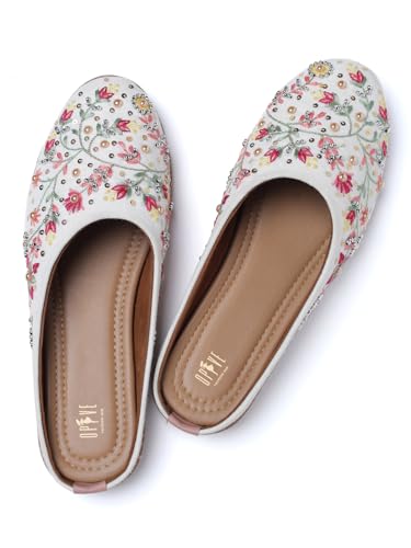 Image of OPIVE's Mehandi Women's Mojari Jutti Ethnic Punjabi Juttis Traditional Flat Embroidered Canvas Fancy Bellies Comfortable Sole for Womens & Girls