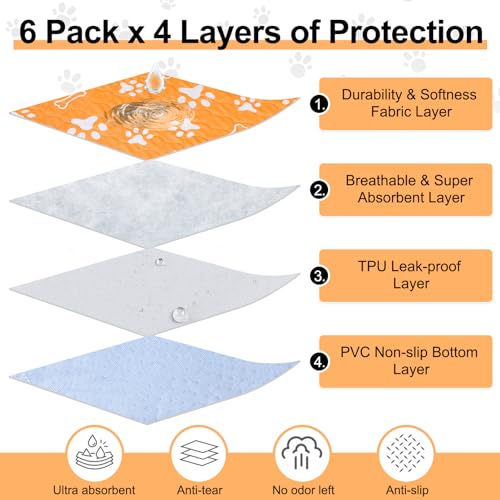 Image of BEAUTYZOO 6 Pack Washable Pee Pads for Dogs, Reusable Puppy Pads for Potty Training, Waterproof Super Absorbent Whelping Pads Mats Non Slip Against Urine for Small Medium Dogs Cats, 16 inch x 24 inch
