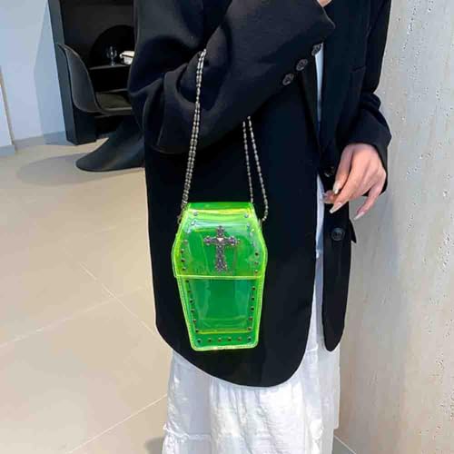 Image of Gothic Rivet Coffin Shape Crossbody Bag, Women's Studded Cross Transparent Shoulder Bag, Novelty Vintage Punk Phone Purse