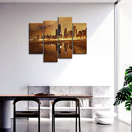 So Crazy Art- Chicago Wall Art Decor Skyline Of Usa City Under The Lighted Night Canvas Pictures Artwork 4 Panel Modern Painting Prints For Home Living Dining Room Kitchen #TOP1