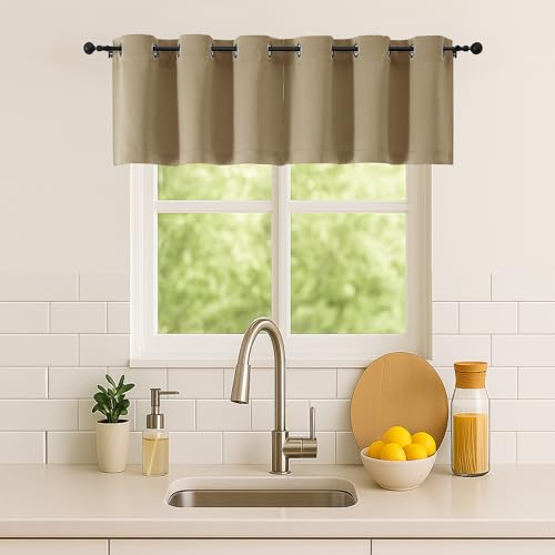 Image of Simplebrand Taupe Kitchen Valances for Windows 18 Inches Long 2 Pack, Room Darkening Window Valances for Living Room, Grommet Short Straight Drape Kitchen Curtains for Bedroom Kids Room, 40Wx18L